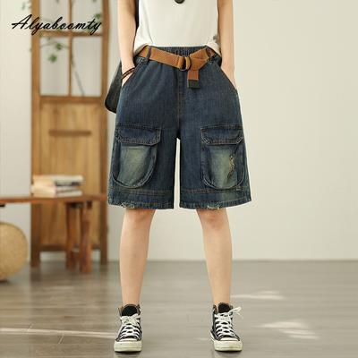 Korean Fashion Summer Women Casual Loose Capris Elastic Waist Dark Blue Denim Pants Vintage Washed Cotton Short Jeans With Belt