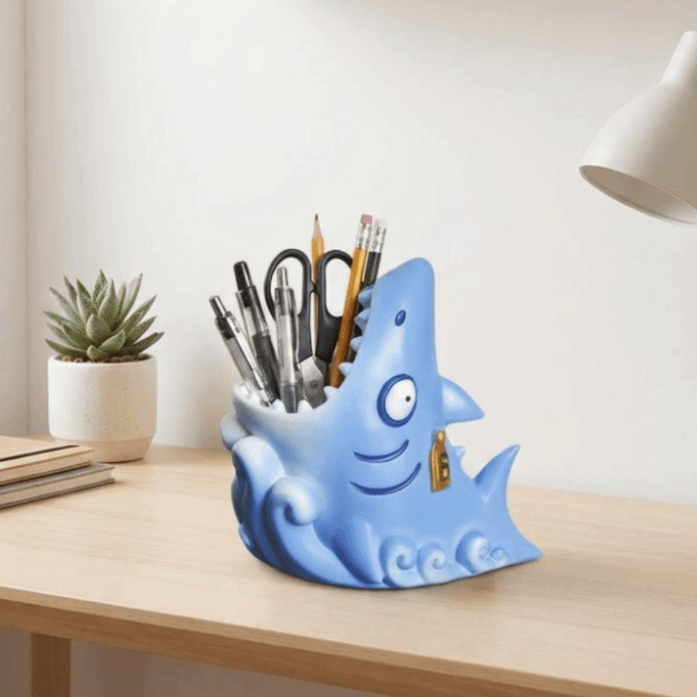 Cartoon Shark Pen Holder Creative Stationery Storage Box Study Room Resin Pen Holder  School