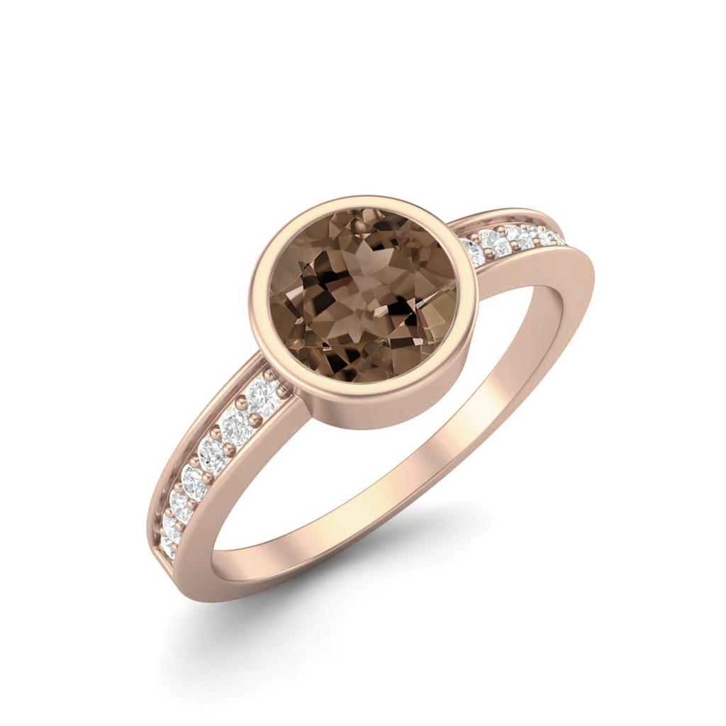 6mm Round Smoky Quartz 925 Sterling Silver Rose Vermeil Solitaire Side Accents Women Promise Ring