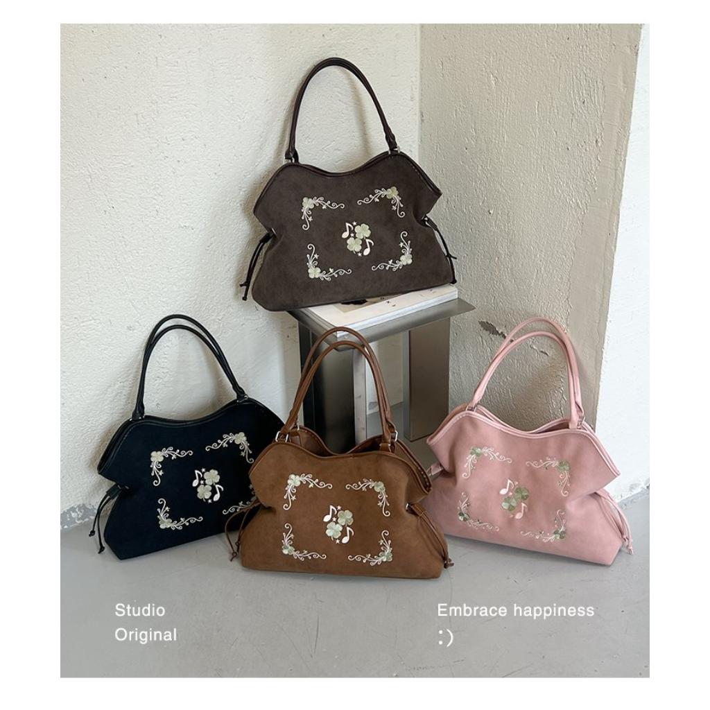 Hobo Bag Women Faux Leather Large Capacity Embroidered Drawstring Daily Commute
