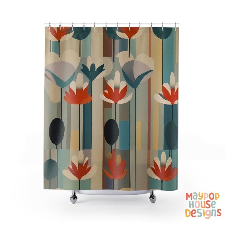 Retro Mid Century Modern Duschvorhang, Orange Türkis Beige Badezimmerdekor, Atomzeitalter Badezimmervorhang