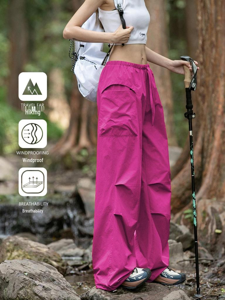 Women's Summer Quick-Dry Petites Rose Red Cargo Parachute Pants