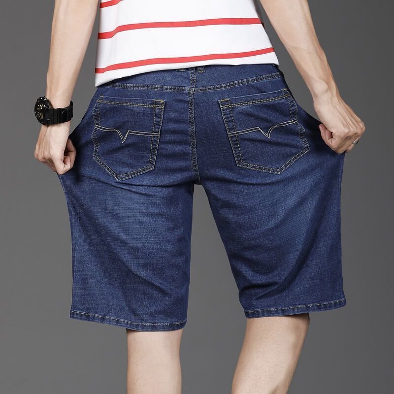 Elastic Denim Shorts for Casual Men Loose Fitting Straight Leg Mid Length Pants