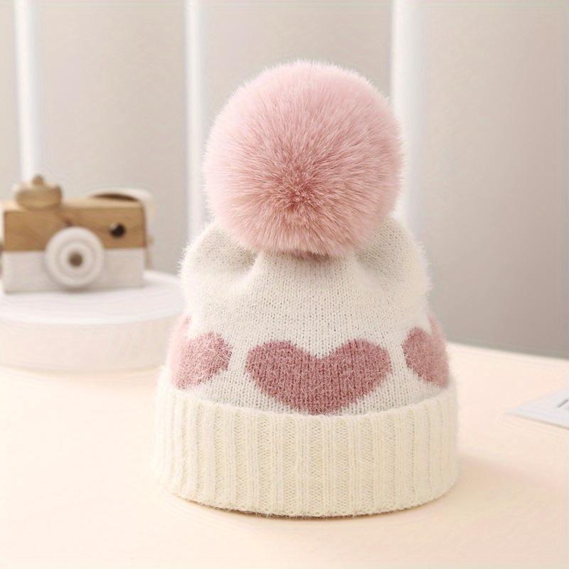 Heart Pattern Knit Beanie, Warm Pullover Knitted Hat for Newborn 3-24 Months Baby Girls