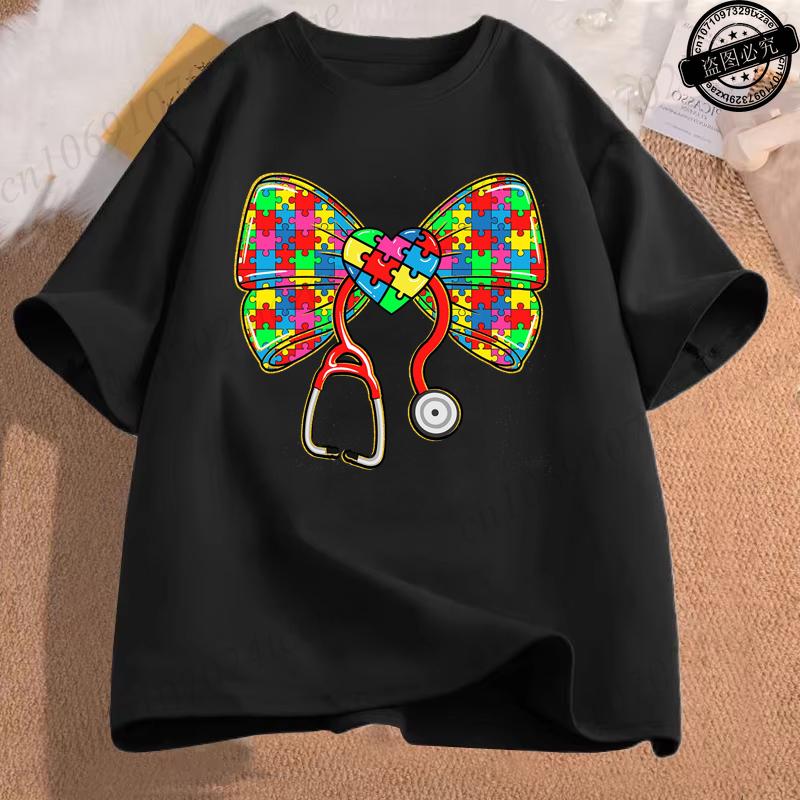 Cotton Breathable Childrens Tshirt Summer New Color Bow Cartoon Print Casual Parentchild Outfit Unisexs and Womens Tops