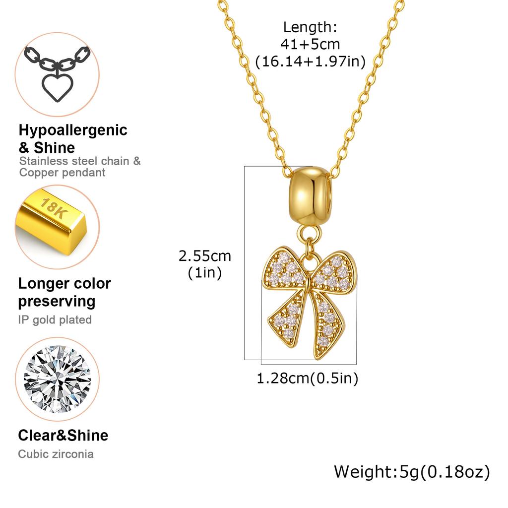 Pave Cubic Zirconia Charms Bowtie Flower Pendant Necklace for Women, Fashion Stainless Steel Clavicle Chain Necklaces Wholesale