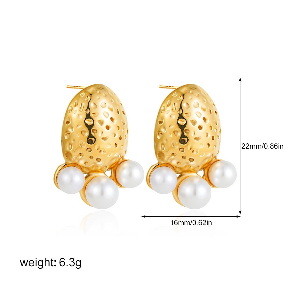 

Vintage Gold Plated Stainless Steel Earrings for Women Metal Weave Double Layer Imitation Pearl Stud Earring Elegant Zircon