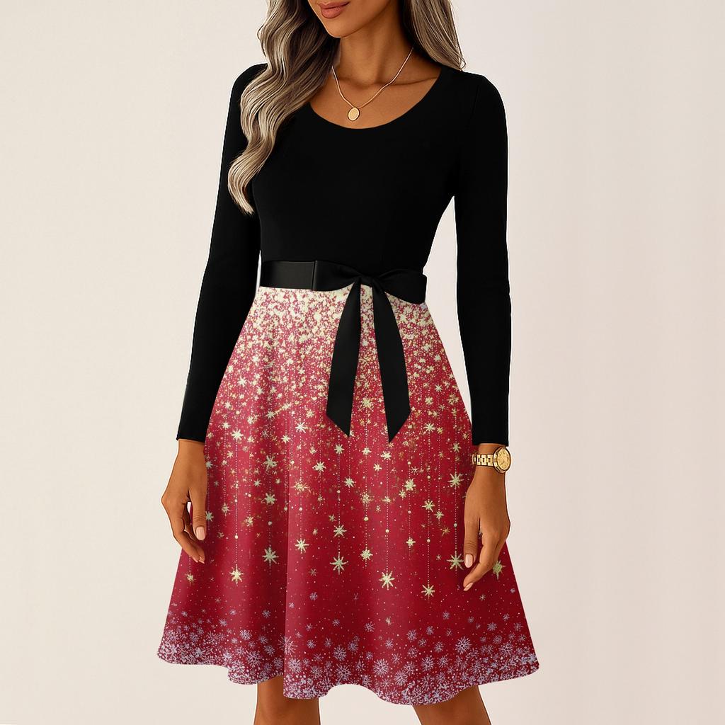 Kadın Günlük Moda Uzun Kollu Noel Grafik Baskılı Vintage Uzun Elbiseler