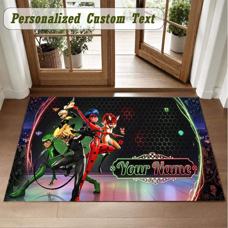Crystal Velvet Square Rug Custom NameMiraculous Ladybug Pattern Non Slip Home Floor Decor Rug