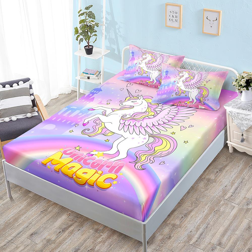 Cartoon Unicorn Mattress Kit, Mattress Three-Piece Set, Bedspread, Pillowcase, Mattress Protective Cover.