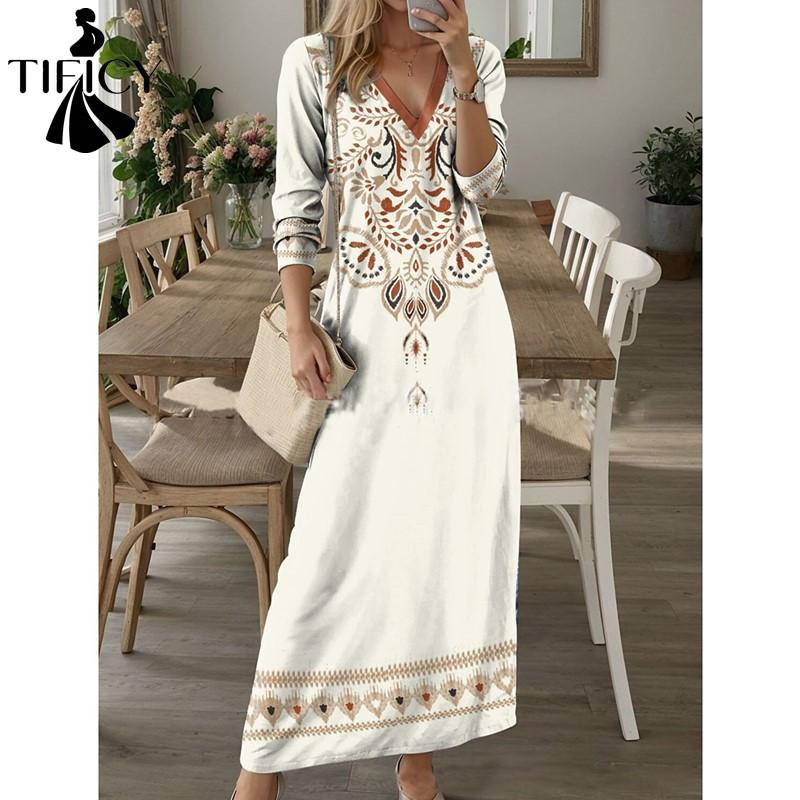 TIFICY Damenmode Frühling Herbst Druck Langarm V-Ausschnitt Mittlere Taille Freizeitkleider