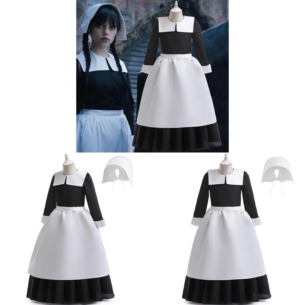 Wednesday Cosplay Girl Dress Set With Satin Fabric For Middle School Girls