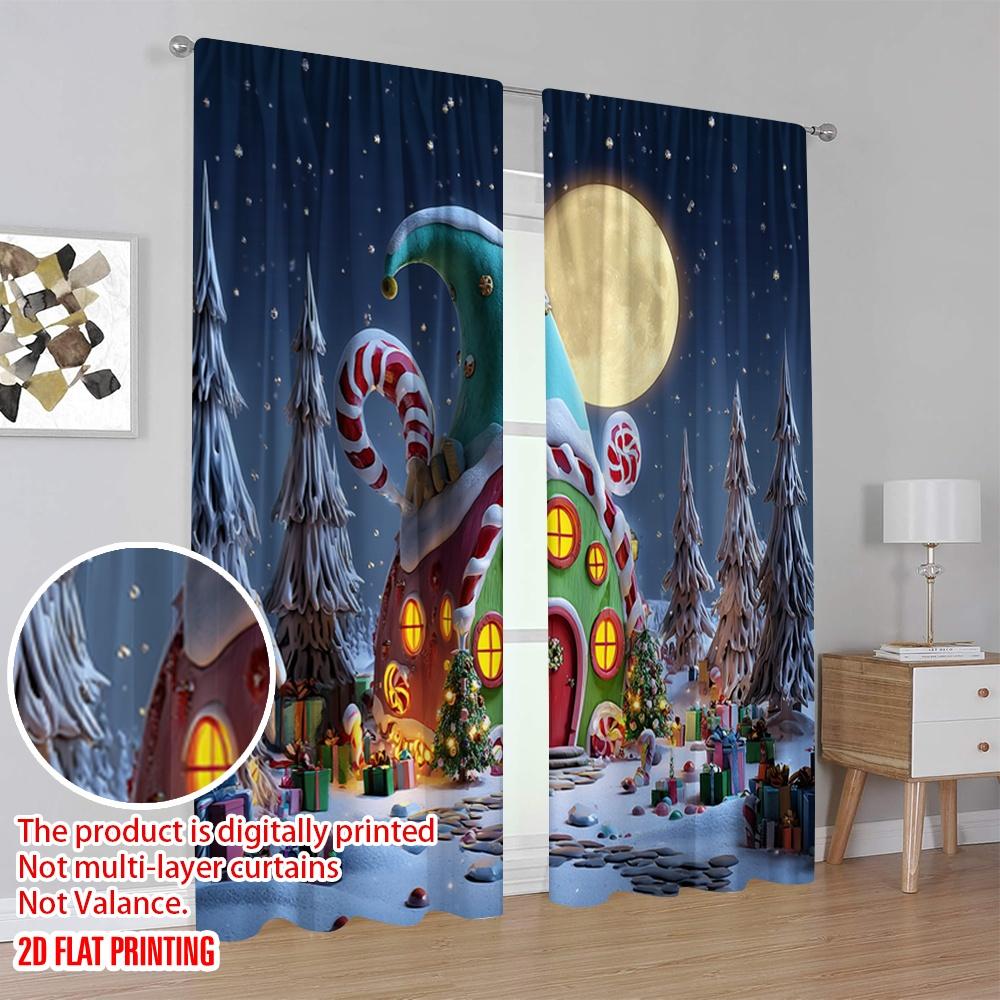 2pcs,2D Plane Printing Curtains&Window Treatment Christmas Elf House Versatile Polyester (without Rod) Decorations For Home