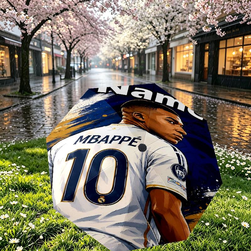 Custom Name Personalized Kylian Mbappe Print Umbrella, Auto Open Close, 8‑Rib Sturdy Frame, Commute Camping Hiking Use, Birthday Gift