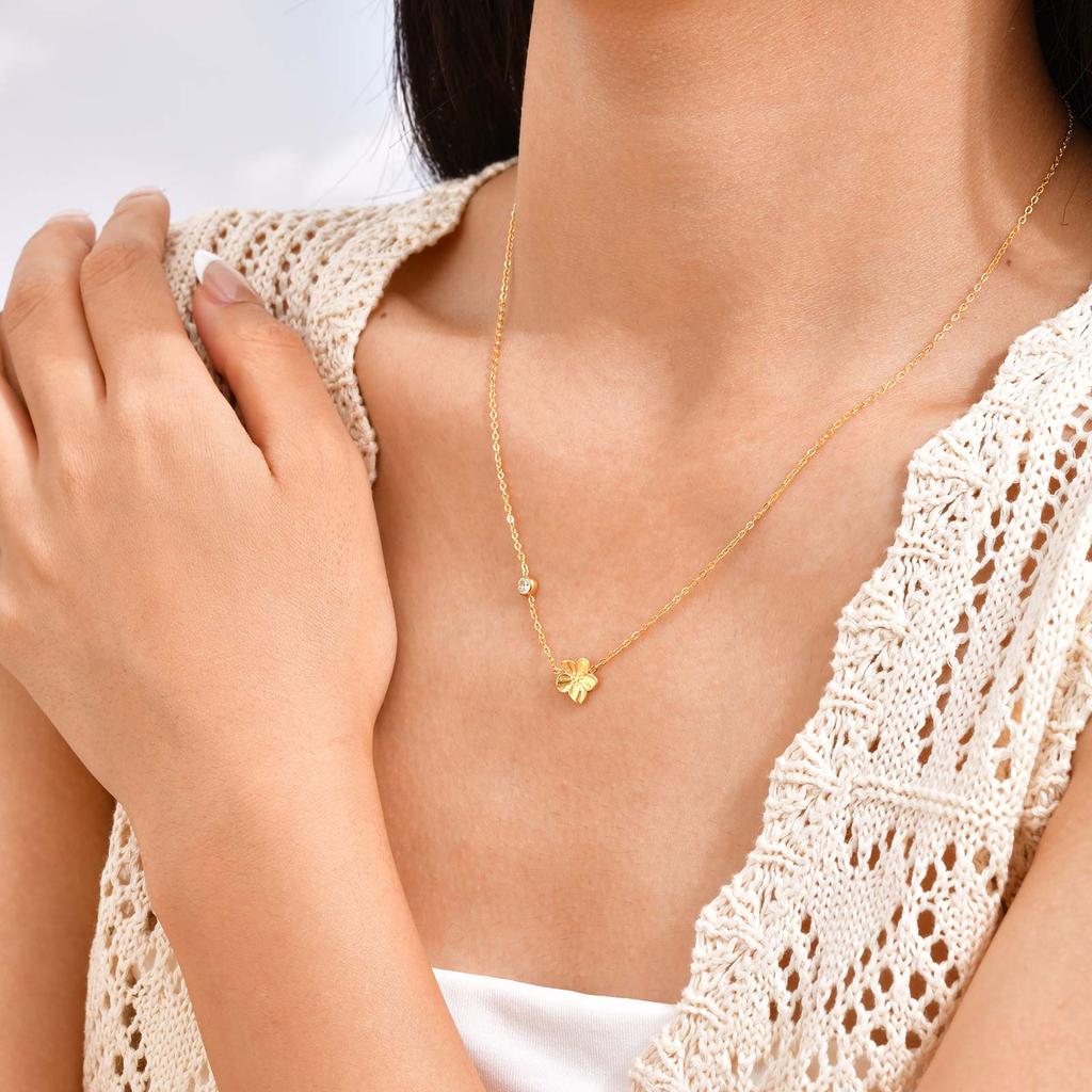 Dainty Zircon Bowknot Flower Heart Pendant Necklace for Women, Stainless Steel Gold Plated Charm Necklace, Chic Luxury Jewelry