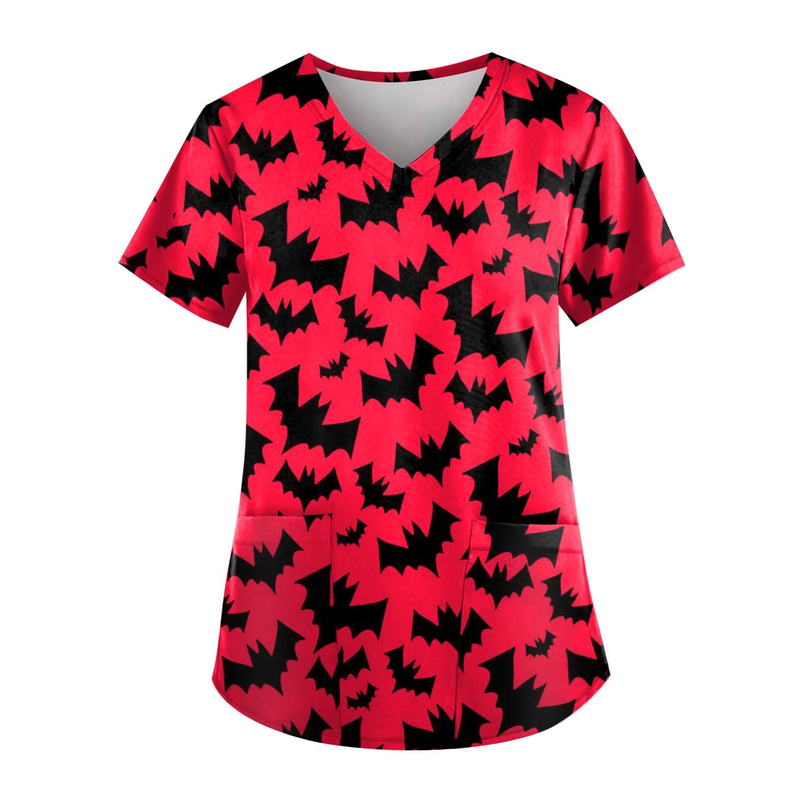 

Плюс размер Хэллоуин печатная рабочая форма Топы для женщин футболки с v-образным вырезом и короткими рукавами рабочая одежда футболка с карманами XXXXL красный