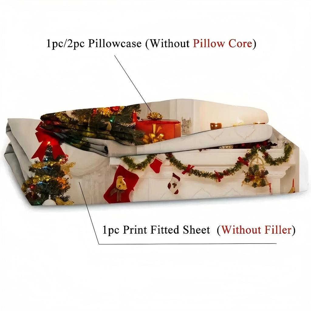 Christmas Tree Fireplace 3D Printed Duvet Cover Set Soft Comfortable Luxury Bedding Set Christmas Theme Quilt Cover Pillowcases