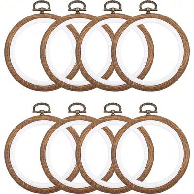 8 stuks/set mini borduurringen, 7,6 cm rond, imitatiehout, plastic displayframe, herbruikbare ronde kruissteekring