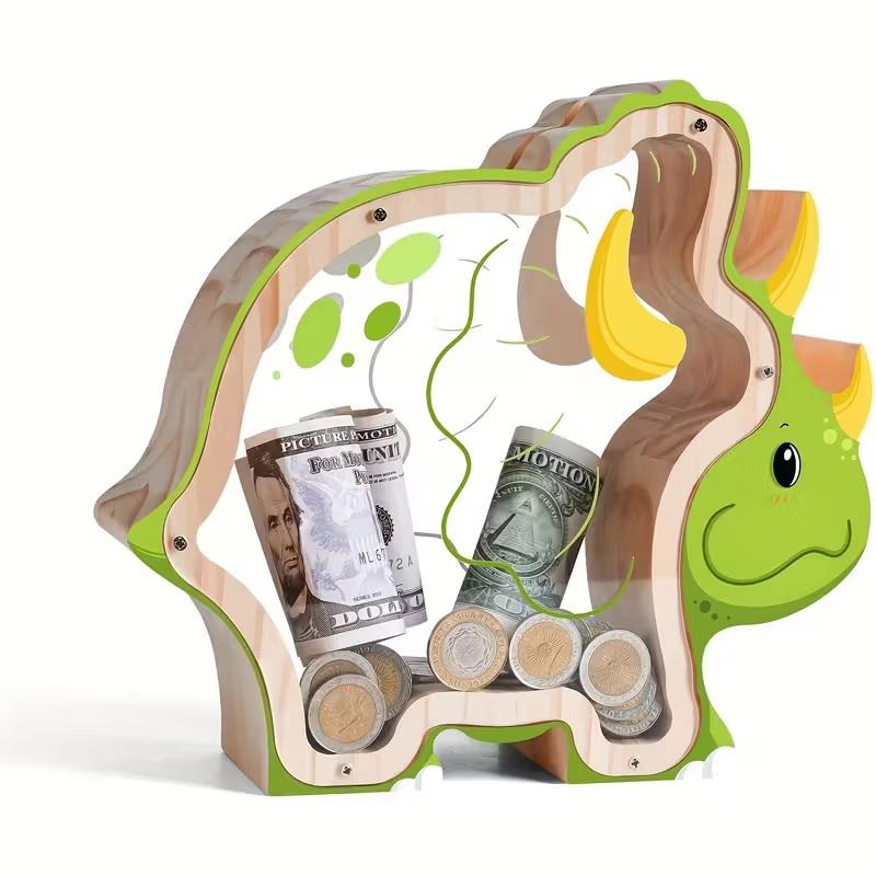 Wood Dinosaur Shape Money Box Piggy Banks Kids Coin Storage Case Children Cash Saving Transparent Home Decor