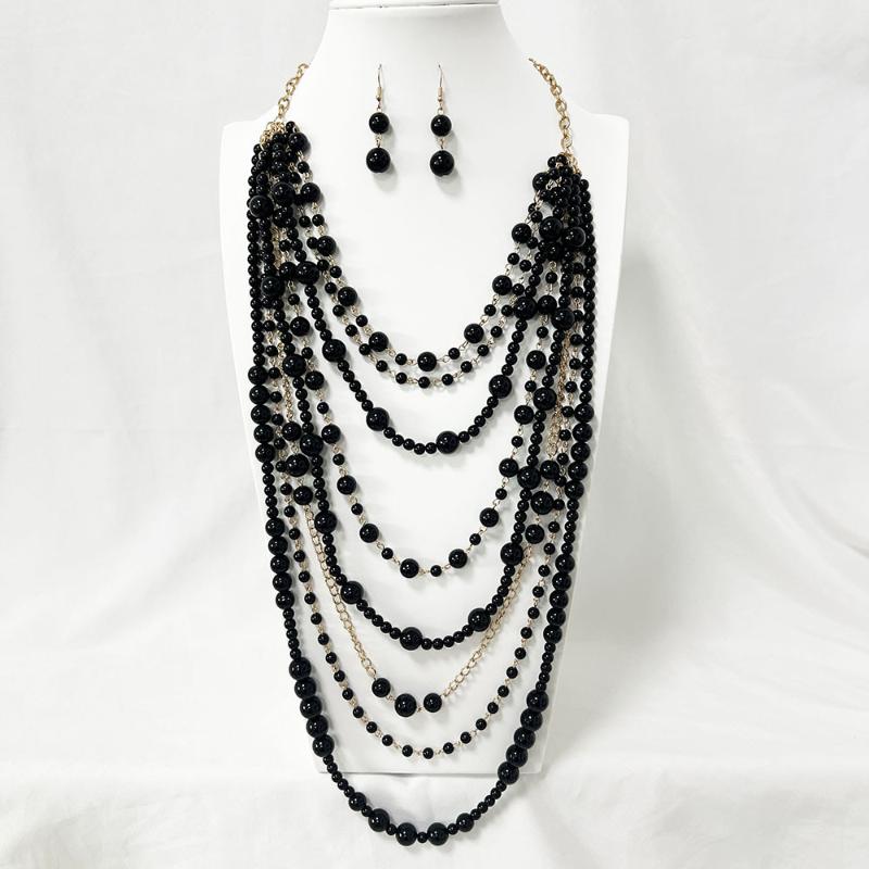 Elegant Multilayer Simulated Pearls Necklace And Earrings Set For Women Long Necklace Fashion Jewelry Accessories
