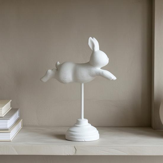 Wooden Bunny Figurine, Nordic Style Floating Running Rabbit Statue with Base for Desk, Bookshelf, TV Cabinet Home Decor