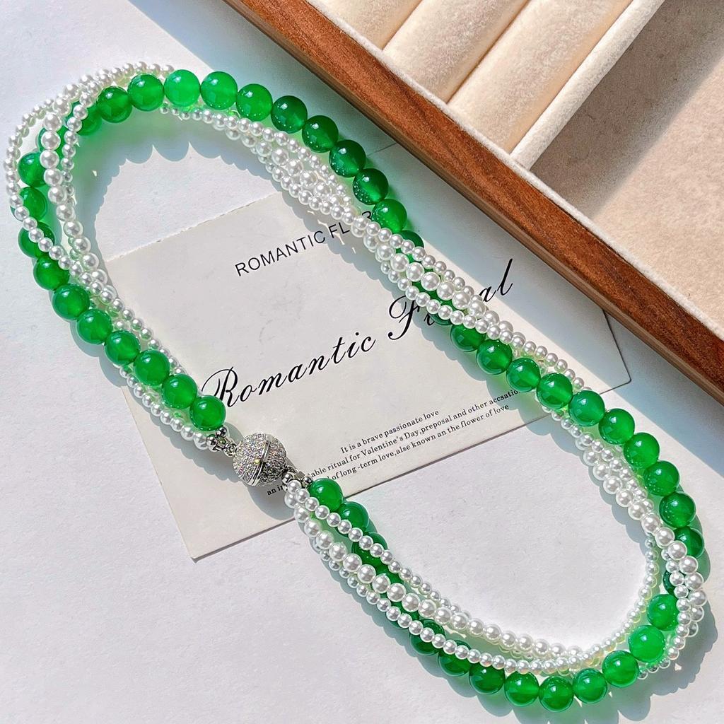 High Quality Natural Chrysoprase Artificial Crystal Pearl Multi-Layer Design Necklace Collarbone Chain