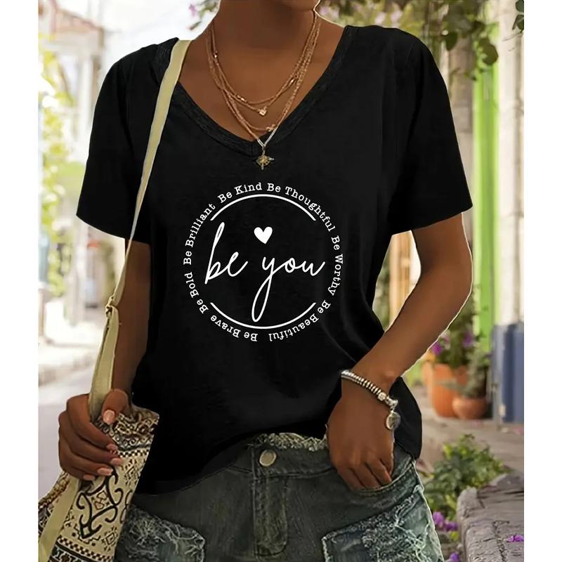 Mode Monogrammalerei Blusen Kurzärmlig V-Ausschnitt T-Shirts Lässig