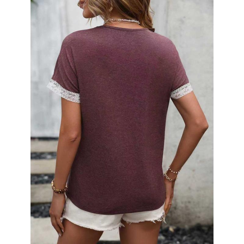 Women Short Sleeve Round Neck Lace Spliced Casual T Shirt