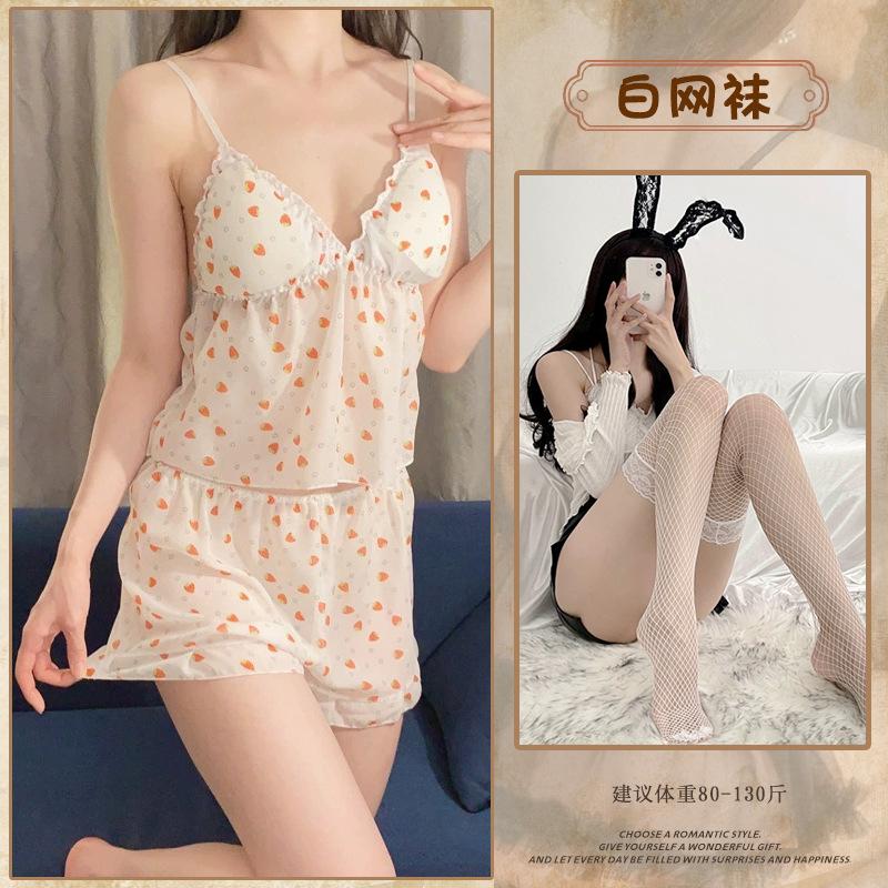 Strawberry Suspender Pajamas Pure Desire Sexy V-neck Shorts Two-piece Set Sweet Loungewear Sex Pajamas