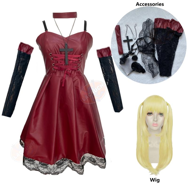Death Note Cosplay Kostüm Misa Amane Kunstleder Sexy Kleid + Halsschmuck + Strümpfe + Halskette Uniform Outfit Halloween Perücke
