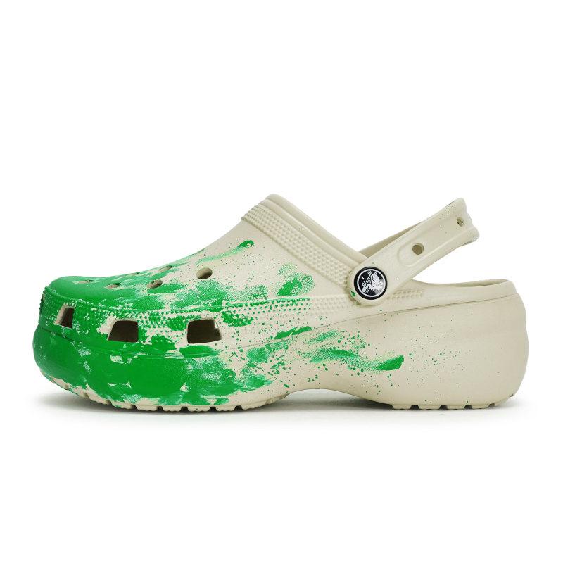 Crocs Classic Platform Clog 811 Manufacturing Spreading Scene Fluid Ink Splash Hole Shoes Women's Bone White Green