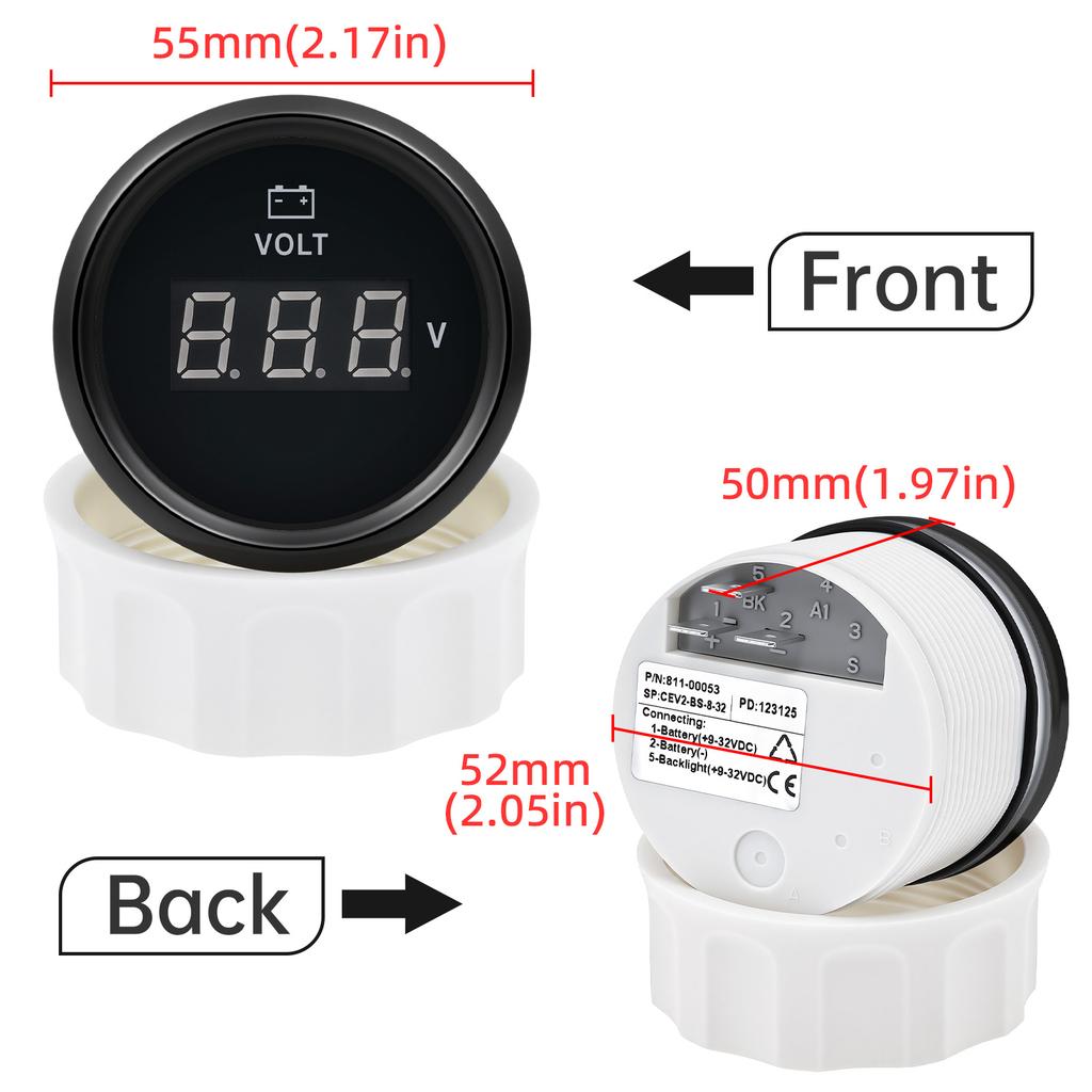 52MM Voltmeter 8-32 Volts Voltage Gauges Digital Volt Meter for 12V24V Universal Boat Marine Red LED Car Electronic Accessories
