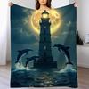 Dolphin Moon and Wave Patterns Flannel Printed Blanket Suitable for All Seasons Suitable for Living Room Office Sofa and Travel