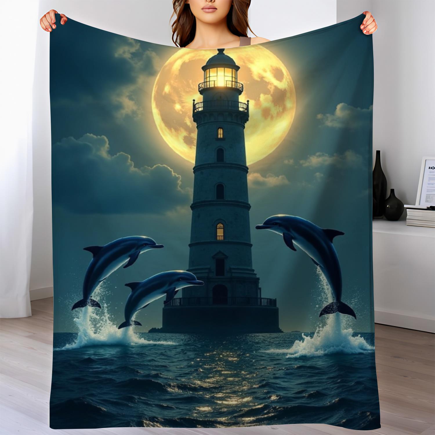 

Dolphin moon and wave patterns Flannel printed blanket suitable for all seasons suitable for living room office sofa and travel 75x100cm (30x40inch)