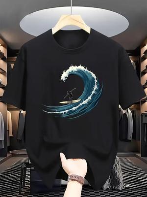 Men's Surf Graphic T-shirt Blue with White Wave Surfer Print Design Casual Round Neck Breathable Street Hip Hop Short Sleeve