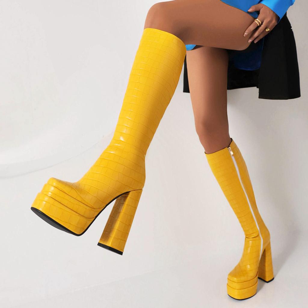 Krazing Pot PU Autumn Winter Shoes Super High Heels Stone Patterns European Design Platform Keep Warm Thigh High Boots