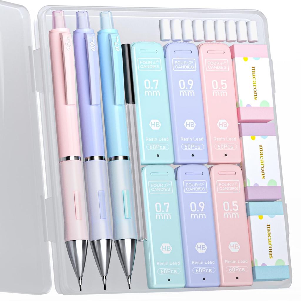 Four Candies Pastel Mechanical Pencil Cute Set of and HB Lead Refills Includes Easy To Use Drawing Writing Pencils for Junior High School Students