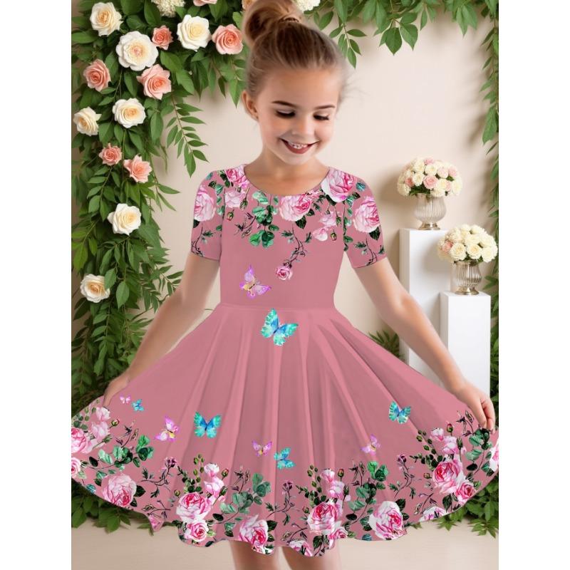 Girls' Summer Fashion Short-Sleeve Cute Casual Dress, 3D Printed Casual Dress