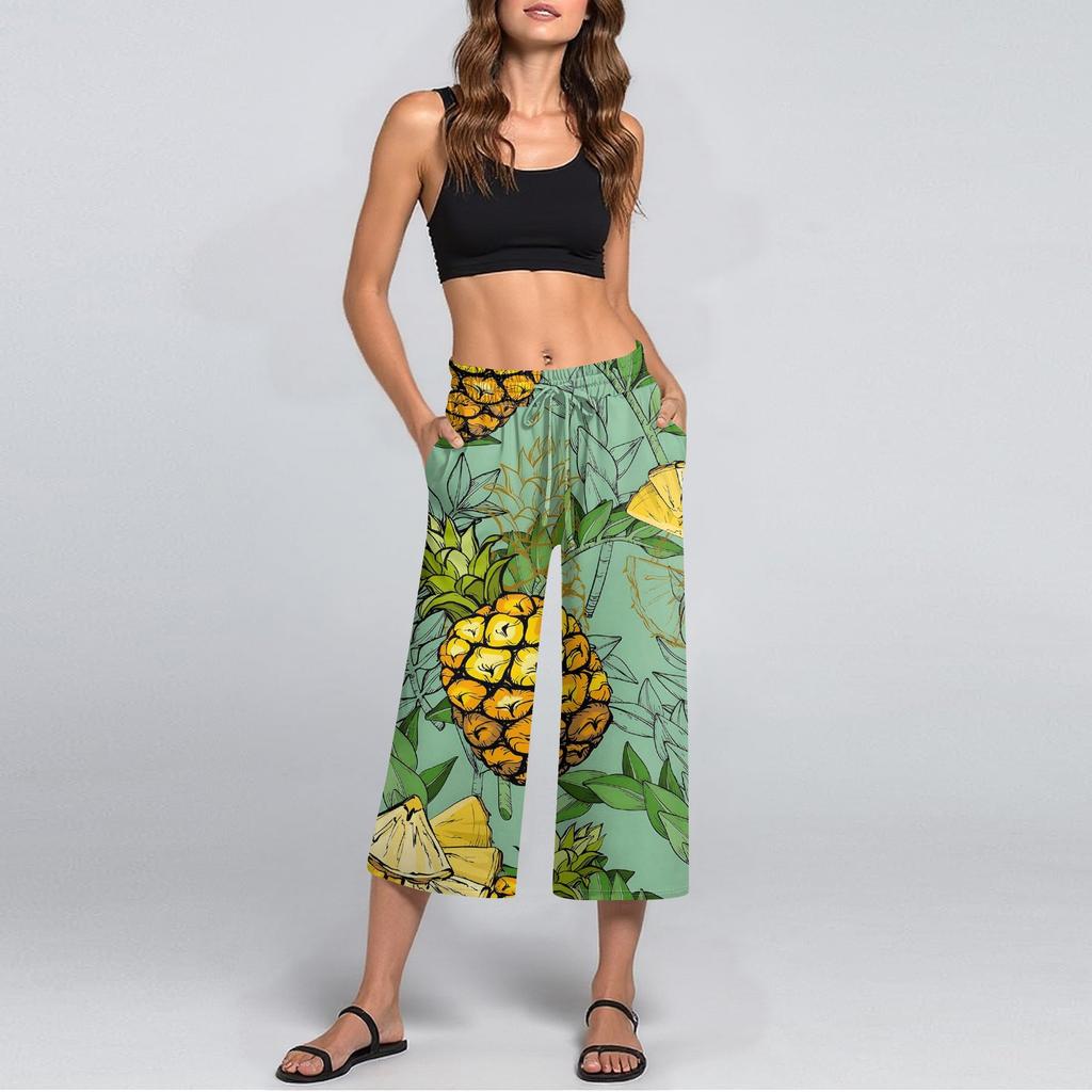 Damen Sommer Hohe Taille Bedruckte Freizeit-Sportbekleidung Lässige Cropped-Hose Weite Hose