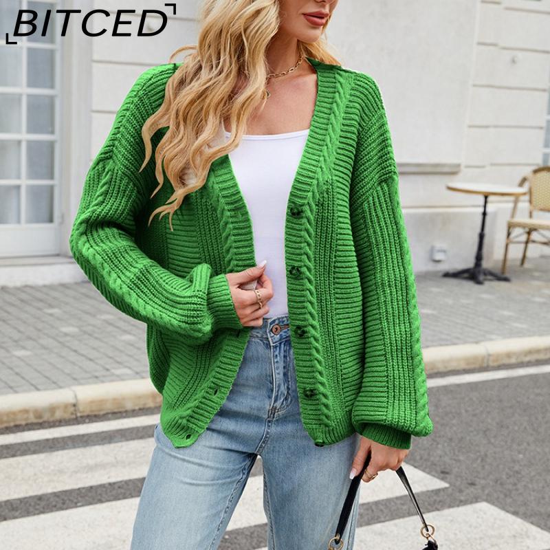 BITCED Relaxed-Fit Oversized Cardigan Autumn/Winter Long-Sleeved V-Neck Cable-Knit Sweater