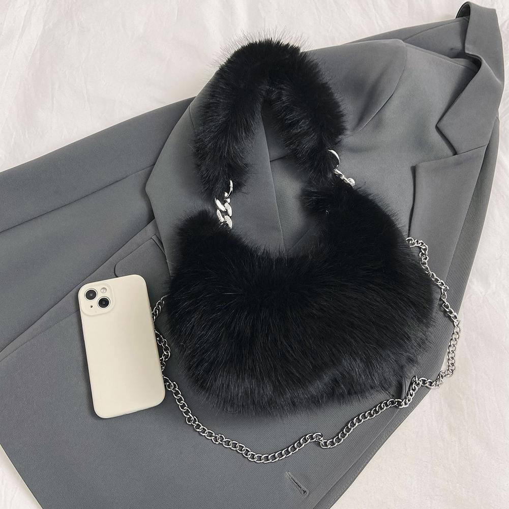 Women Chain Crossbody Bag Zipper Furry Tote Handbag Versatile Cute Satchel Bag Soft Girl Satchel Purse