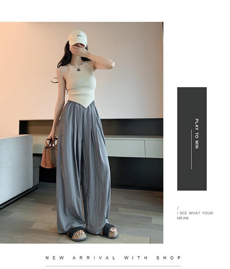 Women's Summer Blue Wide-Leg Ice Silk Pants - Casual Pleated Zen Style