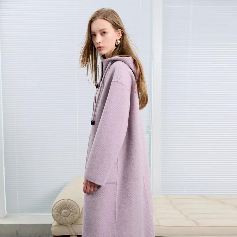 Sancai Women's 2025 Winter Double-Face Wool Blend Hooded Long Coat