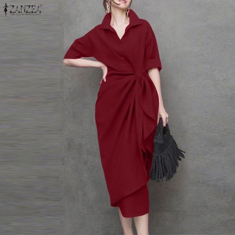 ZANZEA Women Classic Collar Summer Casual Half Sleeve Sheath Dress