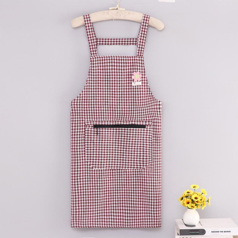 Cotton Plaid Kitchen Apron Large Storage Pocket Cute Flower Design For Home Cooking Baking Cleaning