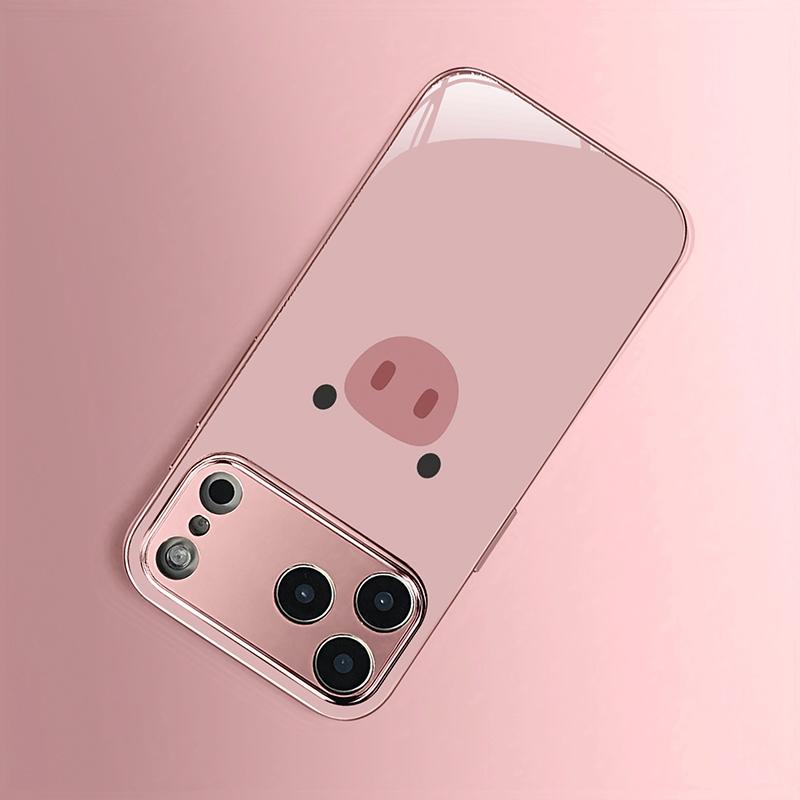 Cute Pink Pig Pattern Metallic Tempered Glass Phone Case For iPhone 17 16 15 14 13 12 11 Pro Max 15 Plus 17 Air 17E Cover