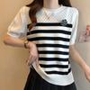 Women Sweaters Pullovers 2025 Summer Short Sleeve O-Neck Striped White Black Knitted Sweater Women Tops Pullover JJ242