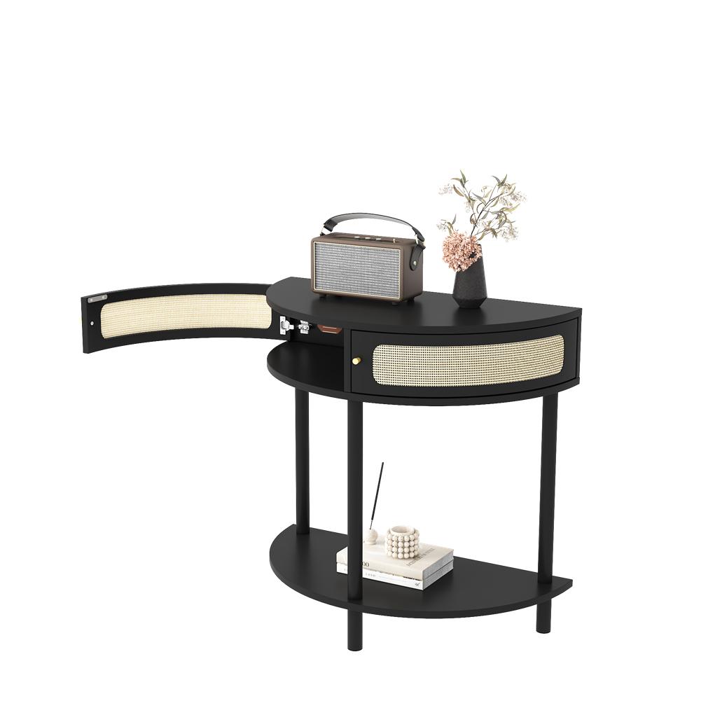 US Half-Moon Rattan Console Table Wood Accent Tables With 2 Rattan Storage Drawers And Bottom Shelf For Living Room Hallway