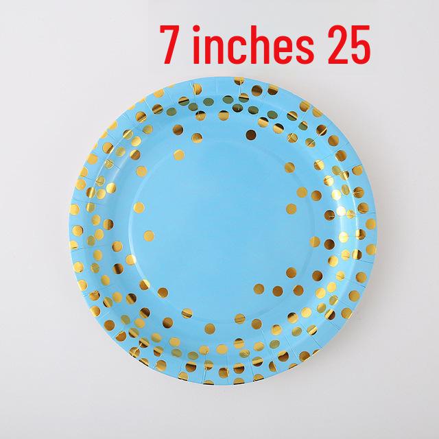 Blue and Gold Polka Dot Birthday Tableware Set: Disposable Dinner Plates, Dessert Plates, Cups, and Napkins