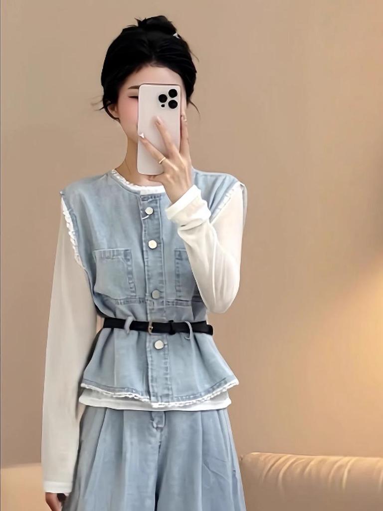 Spring Plus Size Layered Vest & Wide-Leg Jeans Fashionable Three-Piece Set